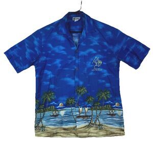 Vintage Aloha Republic Shirt Mens Large Blue Scenic Hawaiian Palm Tree Cotton